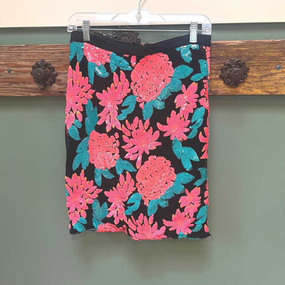 Greylin Floral Sequin Mini Skirt Neon Pink Teal Black Mesh High Waist Party Glam